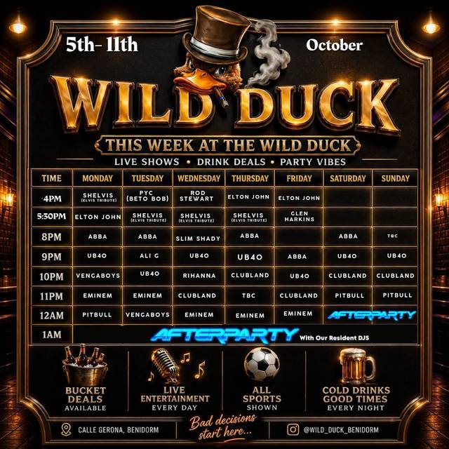 TBC at Wild Duck Sports Bar Calle Gerona — Benidorm event poster